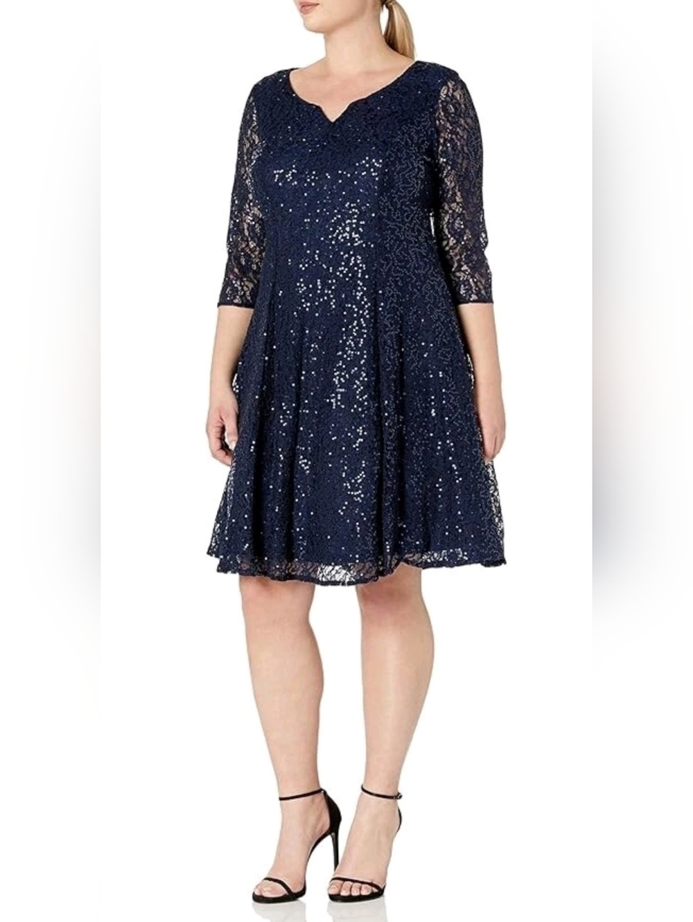 New SLNY Navy Sequin Lace Tea Length Dress with Three-Quarter Sleeves Size 16w
